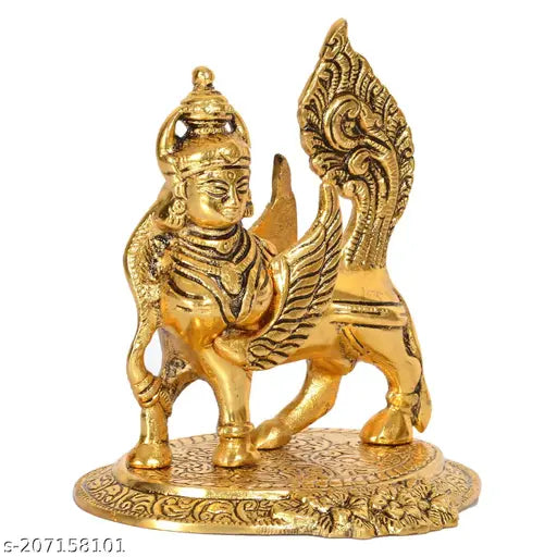 Yellow metal Kamadhenu Cow Statue (8cm L x 11cm H), divine bovine-goddess embodying wealth and happiness
