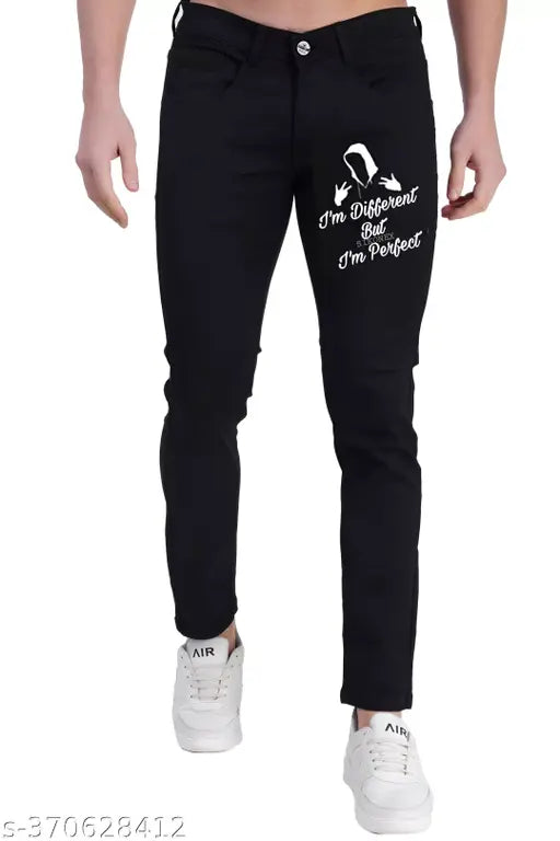 Black cotton blend denim jeans with printed design, ideal for a stylish fit in sizes 28, 30, 32. Origin: India