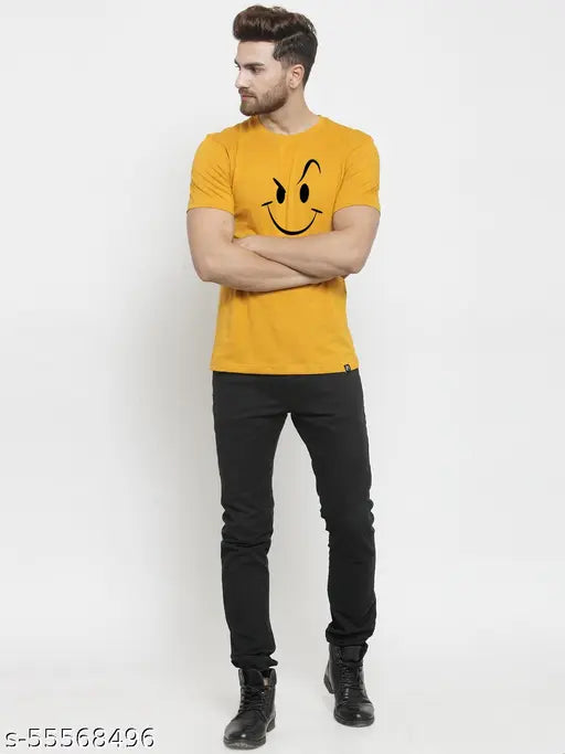Mens gold smiling round neck t-shirt, cotton short sleeves with self-design print, 100% pure cotton, XS: 36in chest & 25in length, premium quality