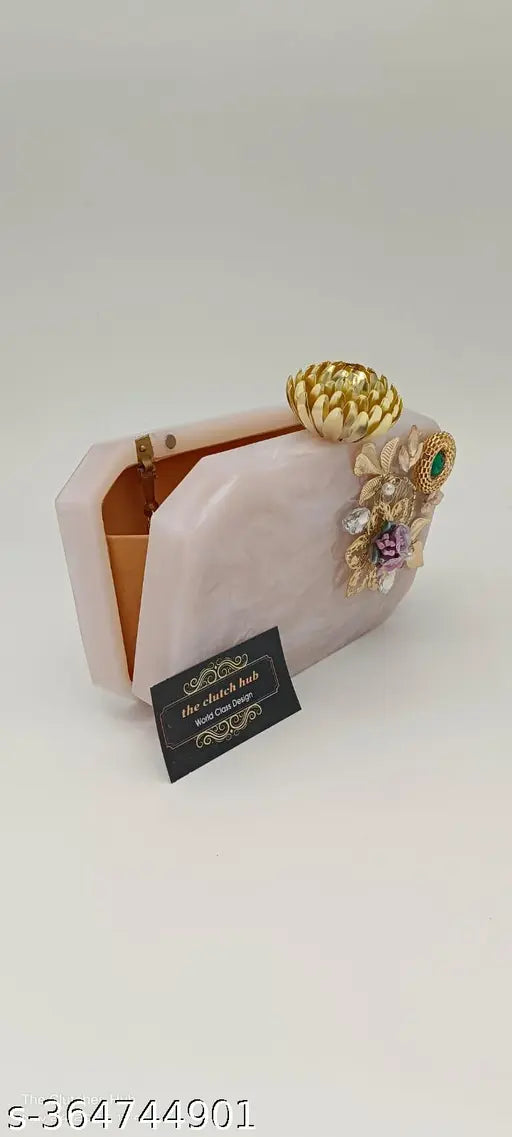 Marble textured clutch bag with floral embroidery, evening formal party handbag for women, gold-tone zip closure