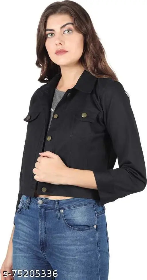 Black denim women's jacket, long sleeves, solid design, shank buttons, chest pockets. Timeless denim jacket from India