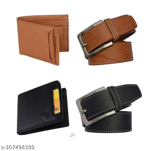 Stylish faux leather wallet and belt set, solid pattern, 4 compartments, free size (India)