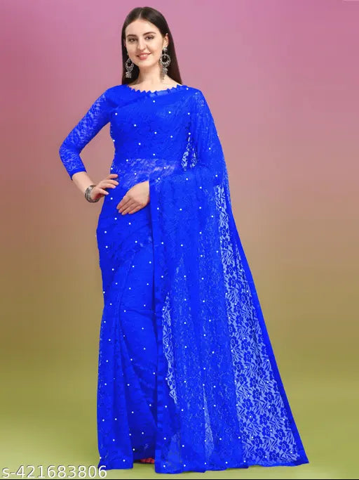 Embellished net ensemble saree with running blouse, Indian craftsmanship in free size