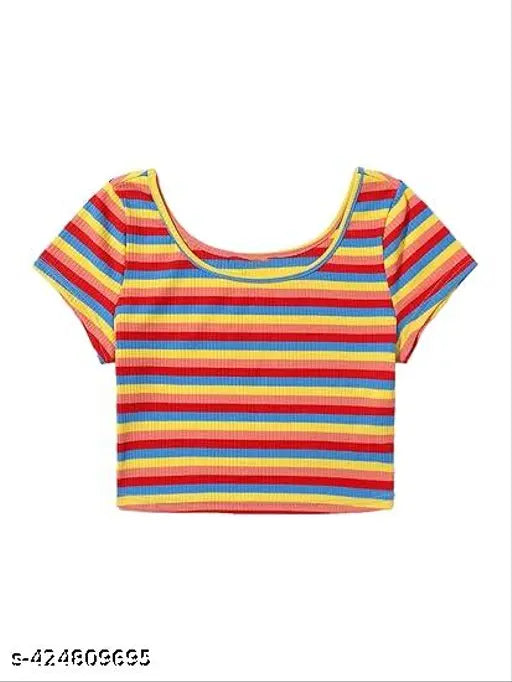 Comfy retro striped lycra tunic top for women, size S (36in bust, 15in length), made in India