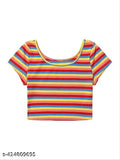 Comfy retro striped lycra tunic top for women, size S (36in bust, 15in length), made in India