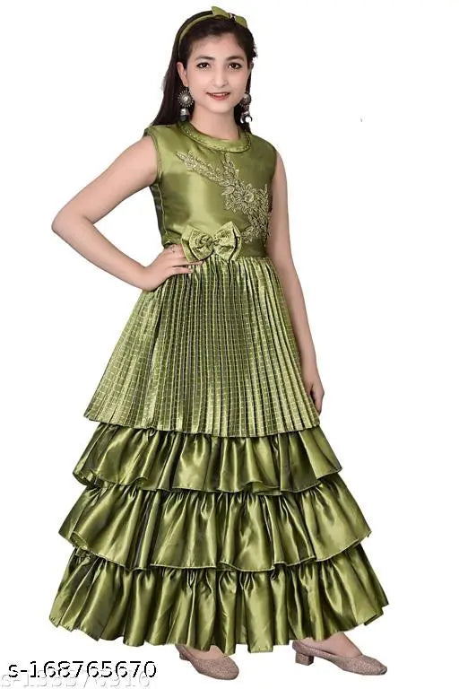 Green Silk Blend Pleated Short Western Dress, Stylish Kids Wear by Rahima Garments (32in-16yrs)