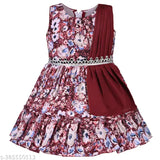 Silver satin floral print knee-length dress for baby girls (fe3250mrn), featuring maroon upper body and vibrant pink flowers with green leaves. Sizes: 3-6 months, single quantity, sleeveless design with attached dupatta and belt, back zip opening