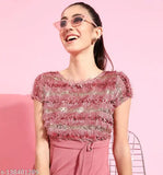 Pink embellished v-neck polyester jumpsuit, Miss Chase brand with dusty pink fringe and sequins detailing, women's size XS-XL