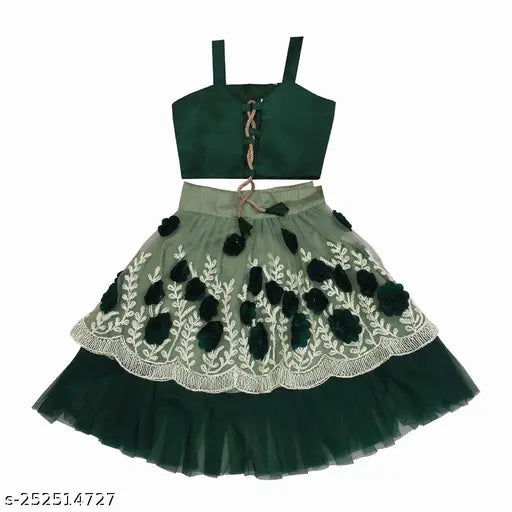 Pink art silk lehenga set with net dupatta and net sleeves, embellished with gota work. Comfortable for kids aged 6-8 years, features ribbon embroidery and regular fit. Newly designed readymade lehenga choli set