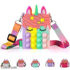 Multicolor silicon Pop It Unicorn sling bag for kids, made of polyester fabric on a mild winter day