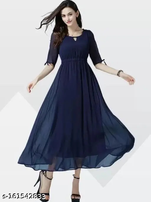 Trendy women's georgette western dress with three-quarter sleeves, solid net style. New, stylish fashion from India