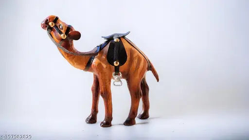 Brown wooden camel showpiece (6 inches), blended with metal and fiber, featuring beige and orange details, perfect for home decor