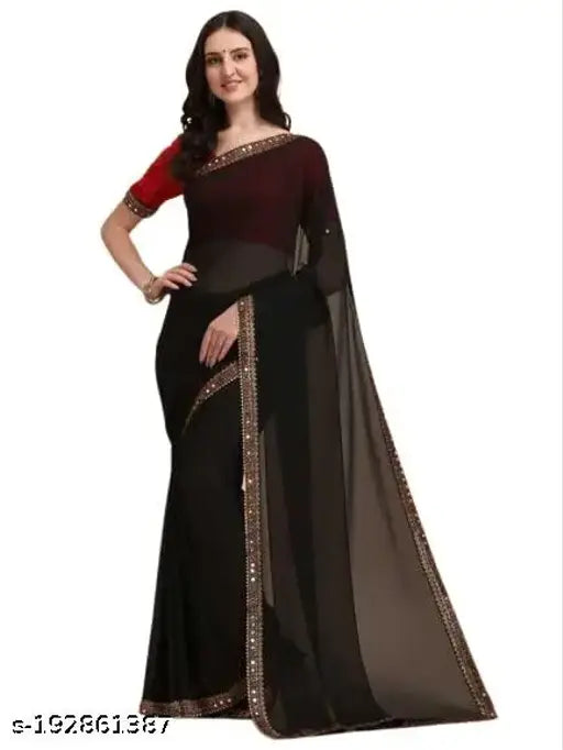 Georgette mirror lace saree, navy blue, 6 yards