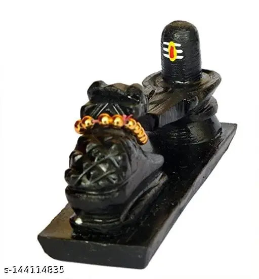 Black polyresin Shivling with Nandi on single platform, intricate home temple decor item from SCULPTO MANIA