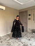 White Georgette Anarkali Dupatta Set, Zari woven net pattern, three-quarter sleeves, breathable and soft fabric for outdoor, party, casual, wedding, festivals, traditional events