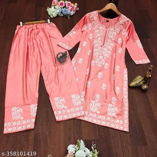 Rayon Chikankari embroidered kurta set with pants, intricate net patterns on three-quarter sleeves