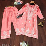 Rayon Chikankari embroidered kurta set with pants, intricate net patterns on three-quarter sleeves