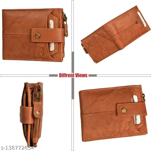 Antique tan genuine leather RFID wallet, 12 card slots, compact dimensions, perfect for men's everyday essentials