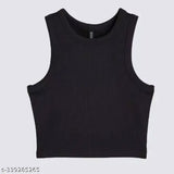 Black cotton scoop neck sleeveless women's crop tank top, trendy casual wear with ribbed texture for versatile styling and everyday outfits