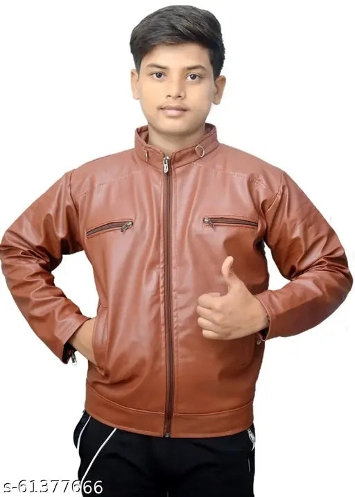 Brown leather motorcycle jacket with zip closure