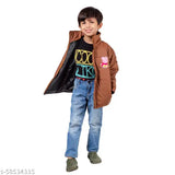 A young boy in a tan quilted jacket with a hoodie, standing against a white background. The jacket is zipped up, and he is posing for the photo. It appears to be made of a warm material suitable for winter wear