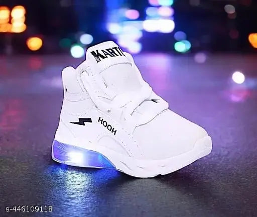 White kids' sneakers with black LED accents, lightweight, for outdoor sports and casual wear