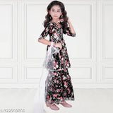 A-line Dupion silk girls' kurta sharara & dupatta set with printed pattern and three-quarter sleeves. Indian ready-to-wear traditional outfit for kids