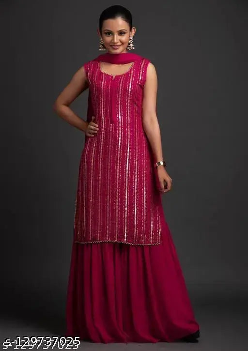 Georgette kurta set with sharara, dupatta, pink embellished