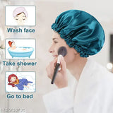 Teal satin silk hair bonnet with 3 scrunch tie straps for sleep and shower cap use