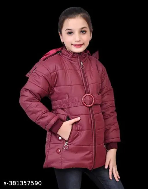 Girls' winter jacket, maroon coat with black buttons and hoodie