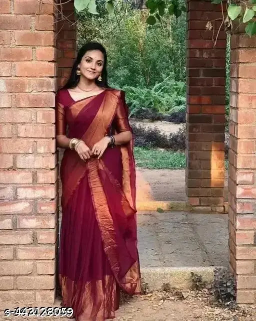 Chiffon daily wear saree, free size, India origin, solid pattern and running blouse in chiffon fabric