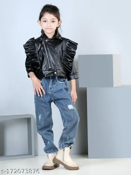 Black leather jacket with zip front, ruffled details and long sleeves