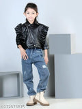 Black leather jacket with zip front, ruffled details and long sleeves