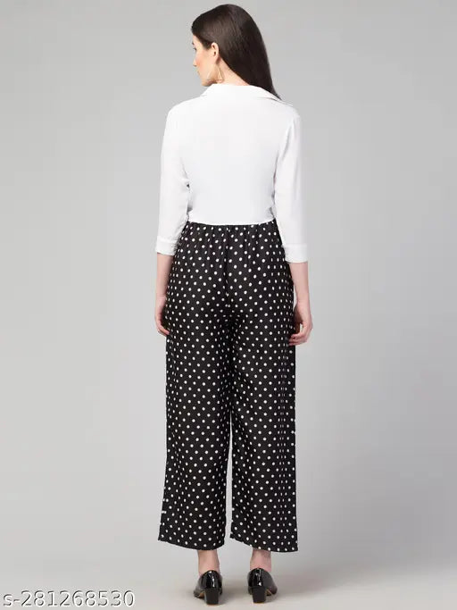Women's polka dot crepe three-quarter sleeve top and bottom set, printed net pattern. Shown in size M. Indian fashion for women's casual wear