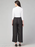 Women's polka dot crepe three-quarter sleeve top and bottom set, printed net pattern. Shown in size M. Indian fashion for women's casual wear