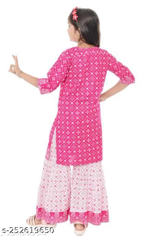 Printed rayon girls' kurta and palazzos set, three-quarter sleeves, ethnic Indian wear