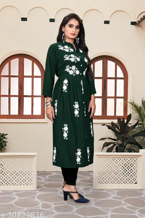 Rayon embroidered three-quarter sleeve fancy kurti, single sizes: M (38in bust), L (40in bust), XL (42in bust) - Indian fashion apparel