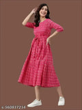 Pink cotton three-quarter sleeve Kurti, "Jeniffer" pattern, XS (34in bust), everyday style companion from Abhya's Top Quality collection