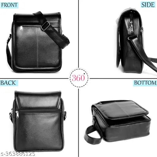 Black sling bag with multiple pockets and compartments, suitable for men's stylish accessories