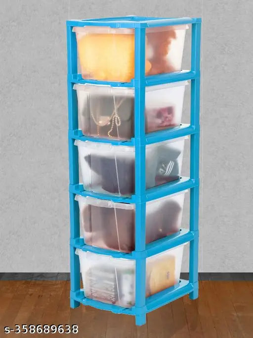 Drawer organizer system, blue storage unit for store books clothes kids toys shoes with 5 layers and plastic containers