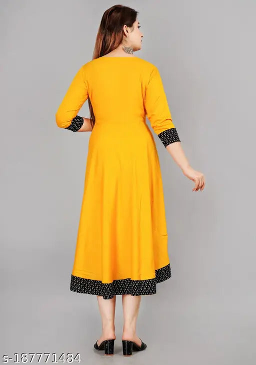 Mustard rayon round pleated flared kurti for women, 3/4 sleeve length, hand wash or machine washable