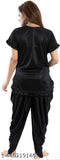 Black satin solid night suit set for women: Patiala top and pyjama bottoms, soft and breathable fabric, ideal for sleep or relaxation