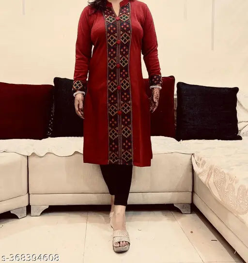 Wool kameez with red and white paisley design, full-length sleeve