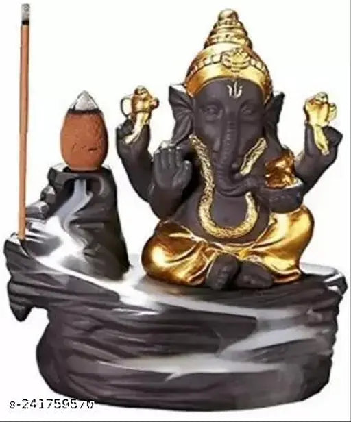 Handcrafted poly resin Ganesha water fountain backflow incense burner with 10 smoke backflow incense cones, Indian decor item for home & office