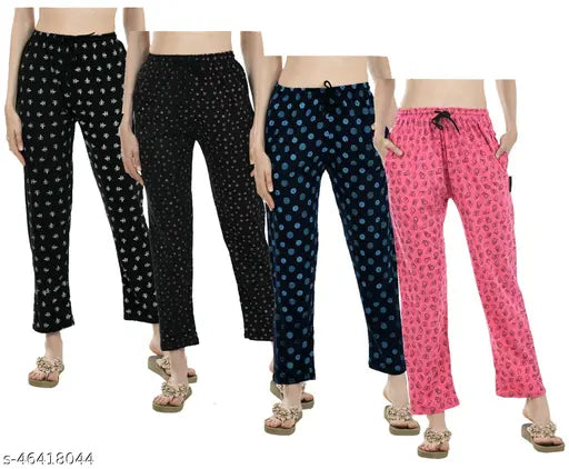 Cotton printed track pants for women in black, pink, navy, and white