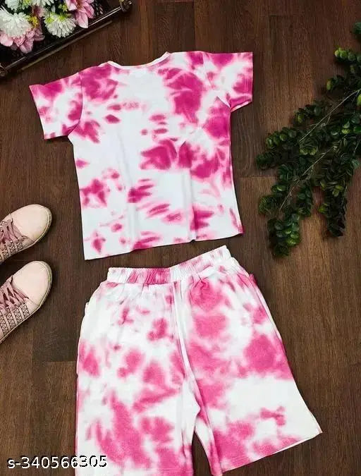 Summer chic tie-dye top & shorts set in smooth polyester lycra fabric, casual or evening wear