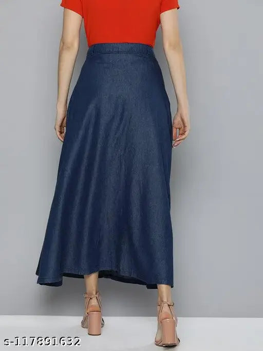 Casual blue denim skirt for women, solid pattern, durable denim material. Flattering fit hits above the knee for everyday wear. Versatile design pairs well with various tops, perfect for casual occasions. Sizes available from 26 to 44 inches waist and 36 inches length. Made in India