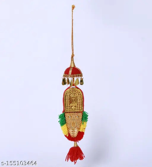 Multi-colored car hanging nettipattam featuring kolam, umbrella, Ganesha, and Vishnu (8 inch) - Handcrafted Indian automobile showpiece