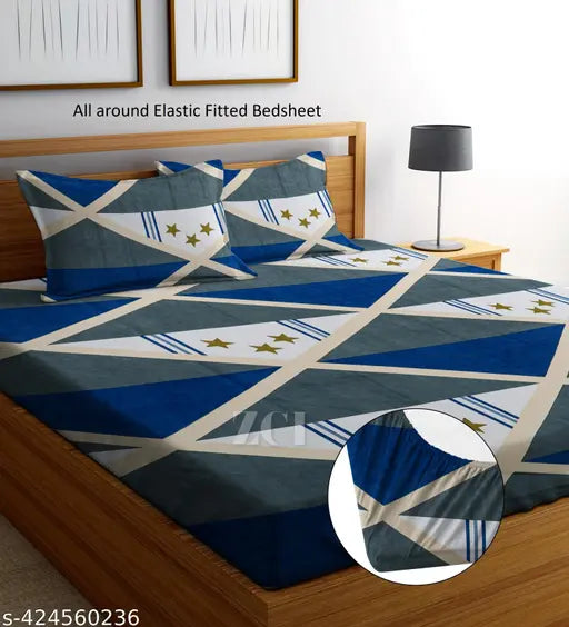 Soft cotton double bed fitted sheets, 210TC super soft, geometric pattern, all-around elastic, perfect for summer
