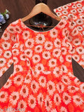 Red sunflower printed cotton Anarkali suit with dupatta, 128SAMRUDHHI